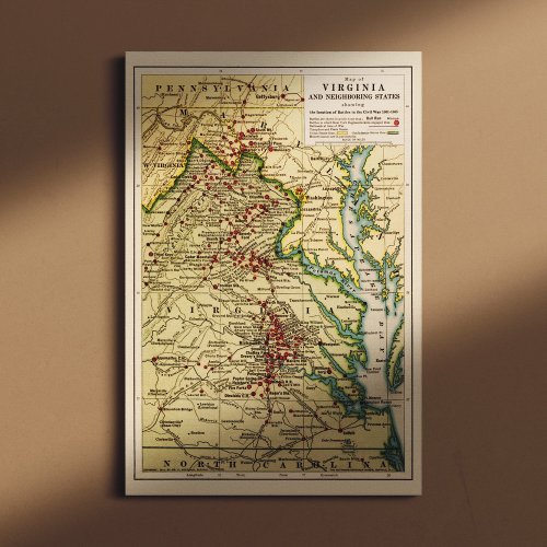 Vintage Map of Virginia Battles During Civil War Canvas Print