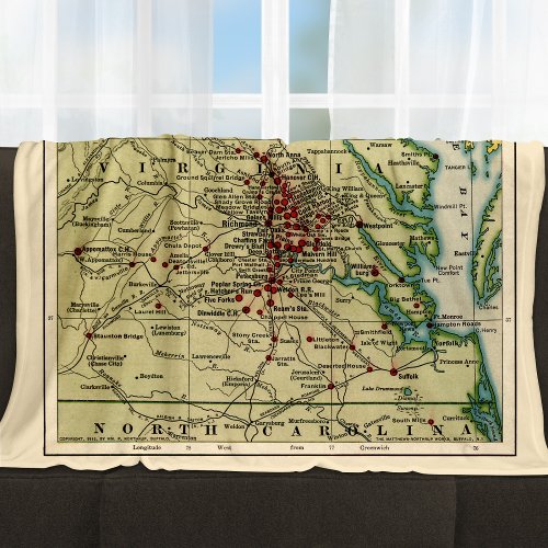 Vintage Map of Virginia Battles During Civil War Fleece Blanket