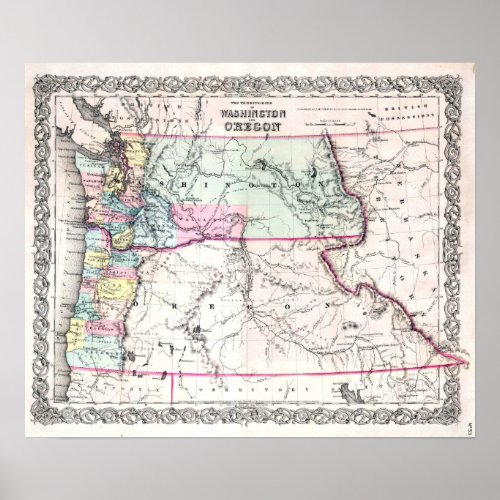 Vintage Map of Washington and Oregon 1853 Poster