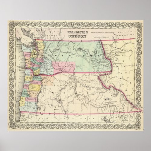 Vintage Map of Washington and Oregon 1856 Poster