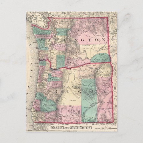 Vintage Map of Washington and Oregon 1875 Postcard