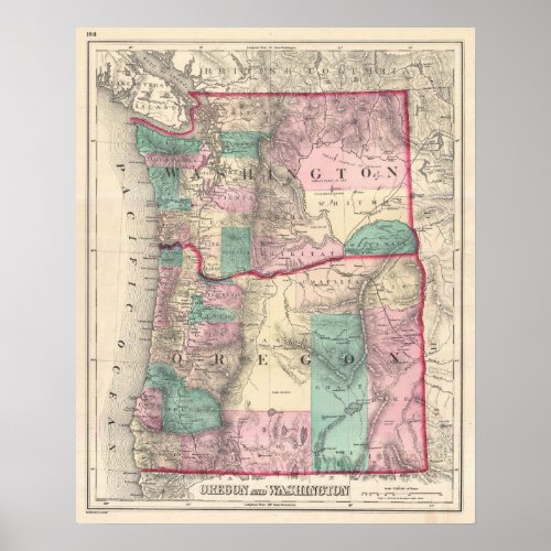 Vintage Map of Washington and Oregon 1875 Poster