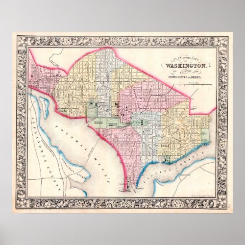 Vintage Map of Washington DC 1864 Poster