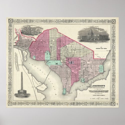 Vintage Map of Washington DC 1866 Poster