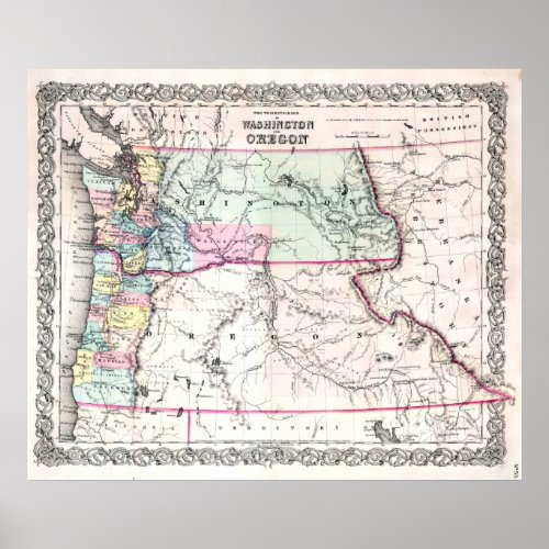 Vintage Map of Washington Oregon and Idaho 1853 Poster