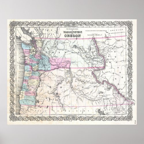 Vintage Map of Washington Oregon and Idaho 1855 Poster