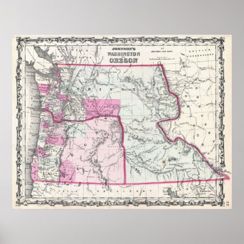 Vintage Map of Washington Oregon and Idaho 1862 Poster
