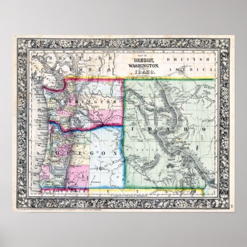 Vintage Map of Washington Oregon and Idaho 1864 Poster