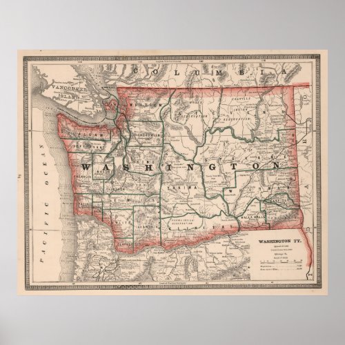 Vintage Map of Washington State 1883 Poster