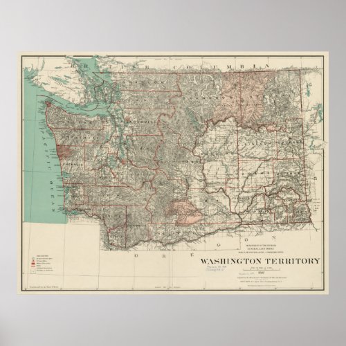 Vintage Map of Washington State 1887 Poster