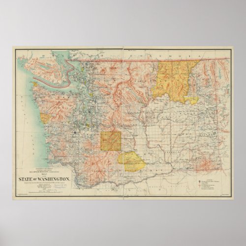 Vintage Map of Washington State 1897 Poster