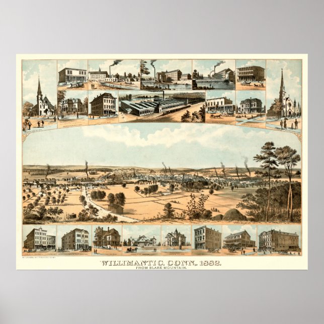 Vintage Map of Willimantic, CT in 1882 Poster (Front)