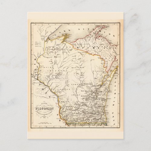 Vintage map of Wisconsin 1852 Postcard