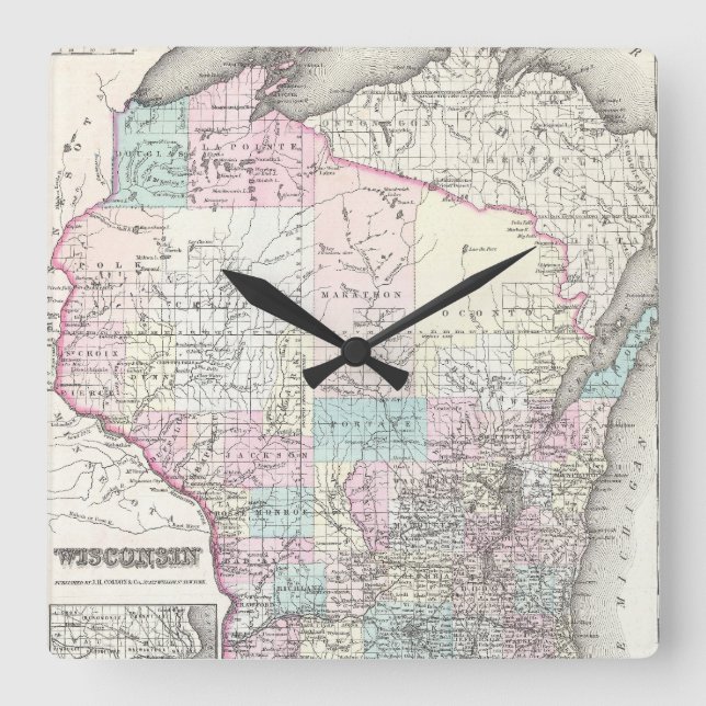 Vintage Map of Wisconsin (1855) Square Wall Clock (Front)