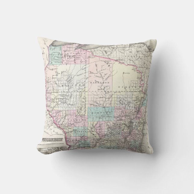 Vintage Map of Wisconsin (1855) Throw Pillow (Front)