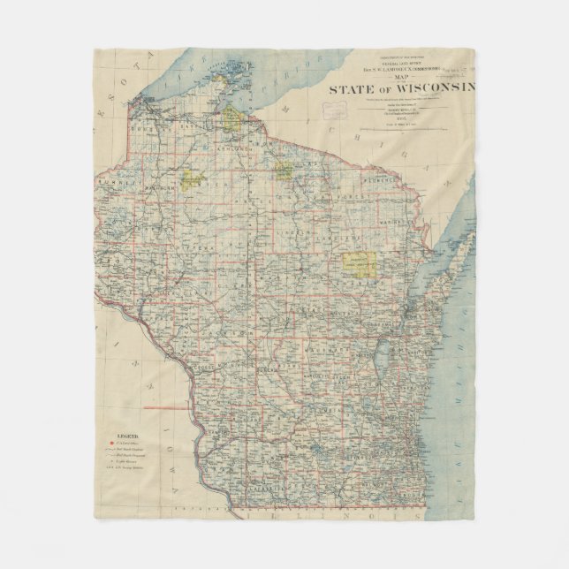 Vintage Map of Wisconsin (1895) Fleece Blanket (Front)