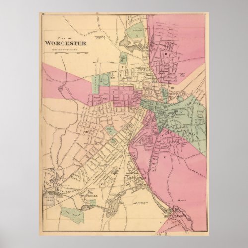 Vintage Map of Worcester MA 1871 Poster