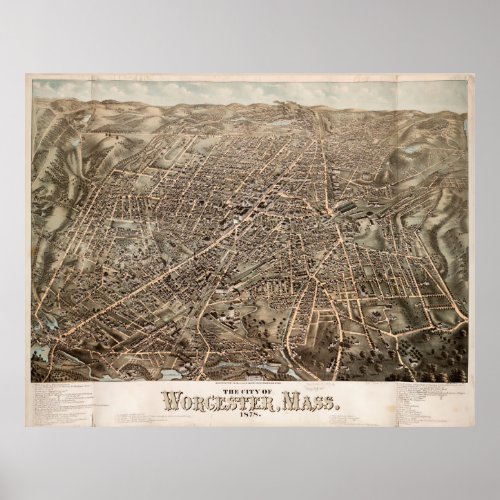 Vintage Map of Worcester MA 1878 Poster