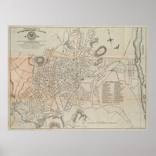 Vintage Map of Worcester MA 1891 Poster