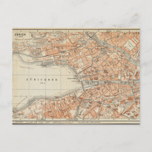 Vintage Map of Zurich, Germany Travel Postcard