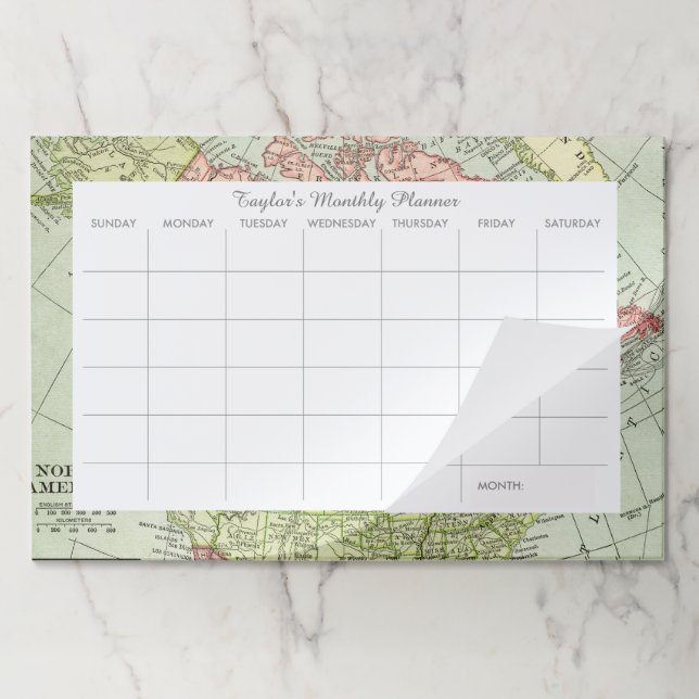 Vintage Map Personalized Desk Pad Monthly Calendar (Folded)