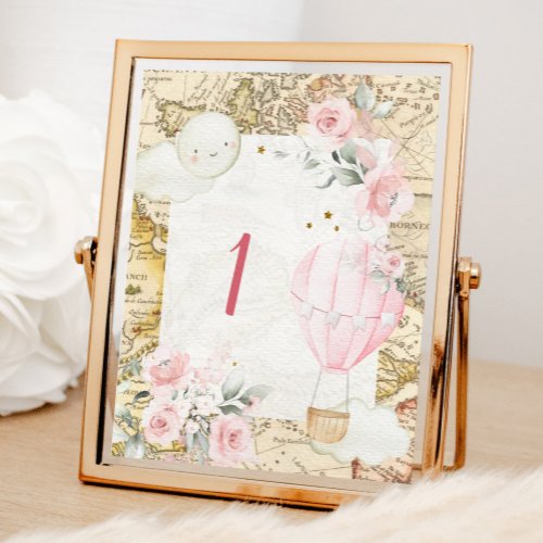 Vintage Map Pink Air Balloon Onederful Birthday Table Number