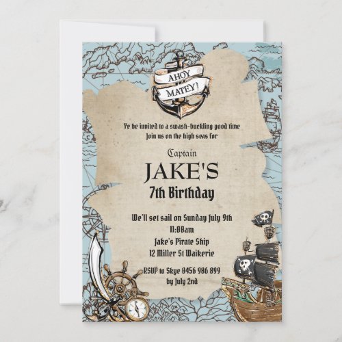 Vintage Map Pirate Birthday Party Old Scroll Invitation