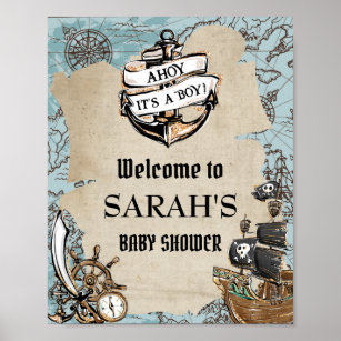 Vintage Map Pirate Treasure Baby Shower Welcome Poster