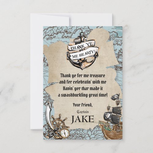 Vintage Map Pirate Treasure Birthday Party Boy Thank You Card