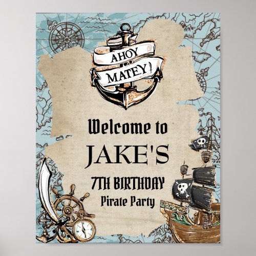 Vintage Map Pirate Treasure Birthday Party Welcome Poster