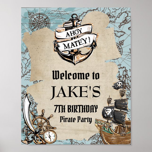 Vintage Map Pirate Treasure Birthday Party Welcome Poster (Front)