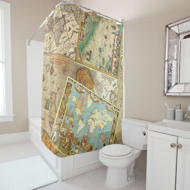 Vintage Map Print Shower Curtain (In Situ)