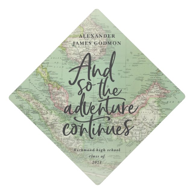 Vintage map travel adventure continues unique graduation cap topper (Front)