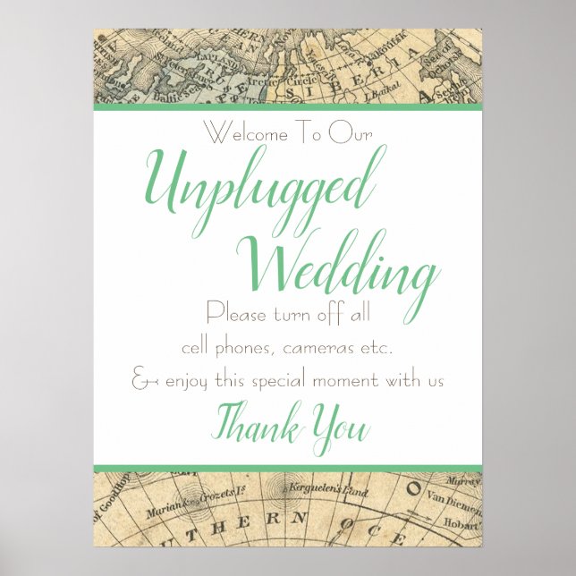 Vintage Map Unplugged Wedding Sign (Front)