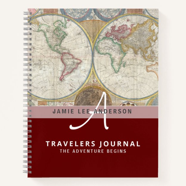 Vintage Map World Travellers Journal Monogrammed