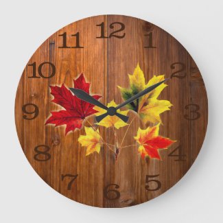 Vintage Maple leaves in wood grain Large Clock