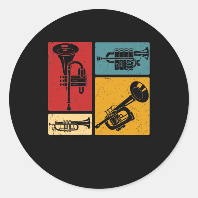 Silver Trumpet Sticker Vintage Marching Band Trumpet Player Retro Design Classic Round Sticker ...