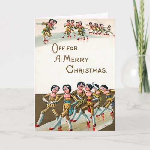 Vintage Marching Wooden Dolls Christmas Card