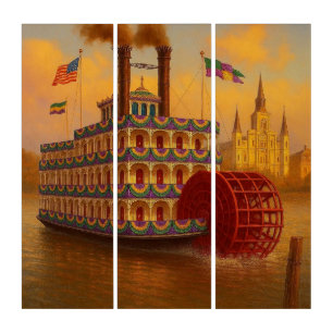 Vintage Mardi Gras Paddlewheel steamboat Triptych