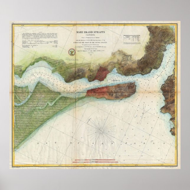 Vintage Mare Island Strait and Vallejo Map (1857) Poster (Front)