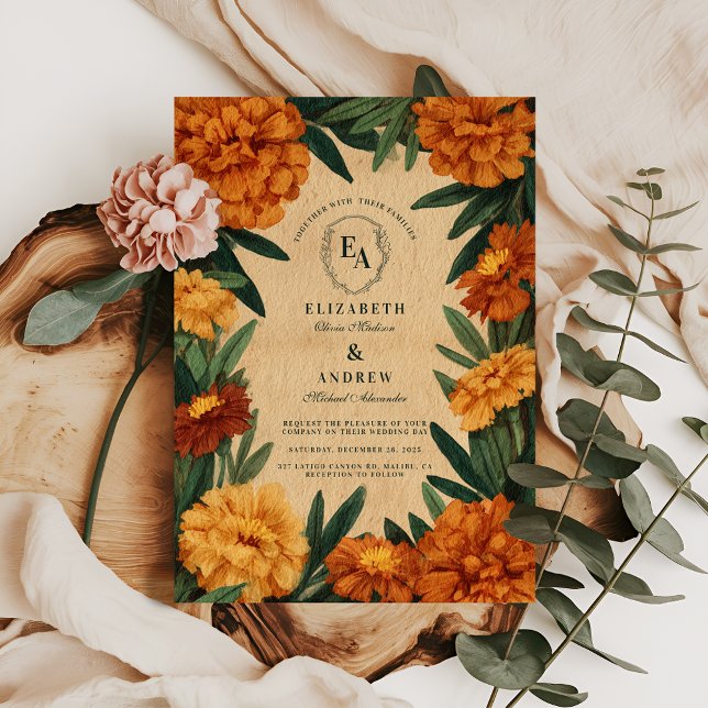 Vintage Marigold Botanical Countryside Wedding Invitation (Creator Uploaded)
