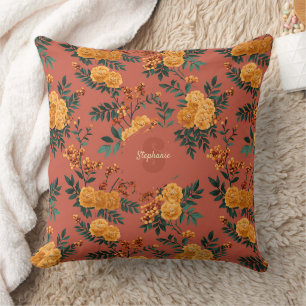 Vintage Marigold Calendula Floral Pattern Throw Pillow