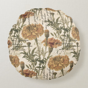 Vintage marigolds Cotton Round Throw Pillow (16")