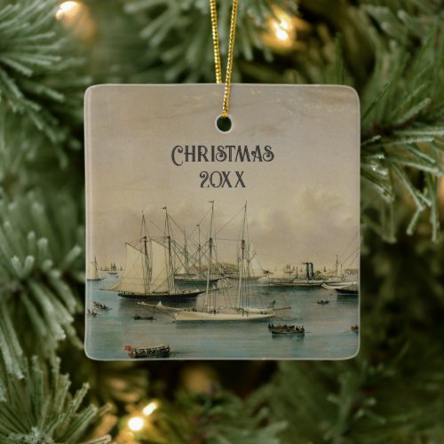 Vintage Maritime, Yacht Squadron at Newport Harbor Ceramic Ornament