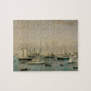 Vintage Maritime, Yacht Squadron at Newport Harbor Jigsaw Puzzle