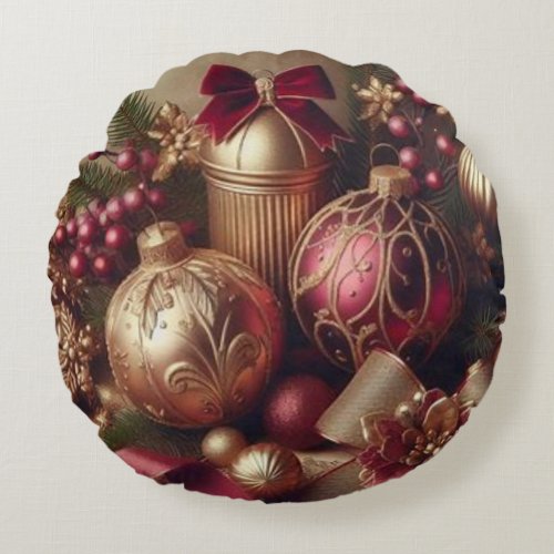 Vintage Maroon and Gold Christmas Round Pillow