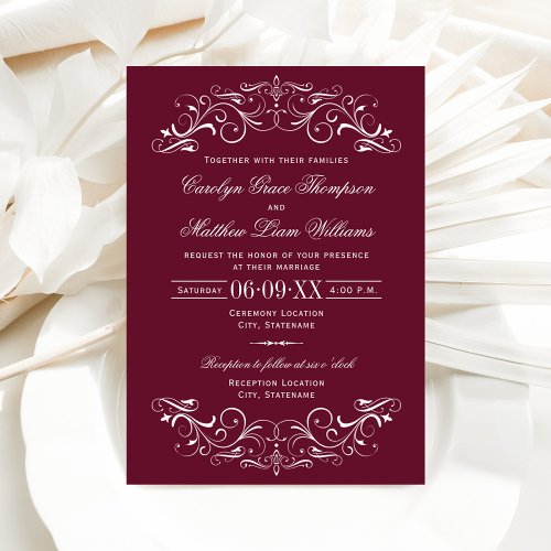 Vintage Maroon and Silver Flourish Wedding Invitation