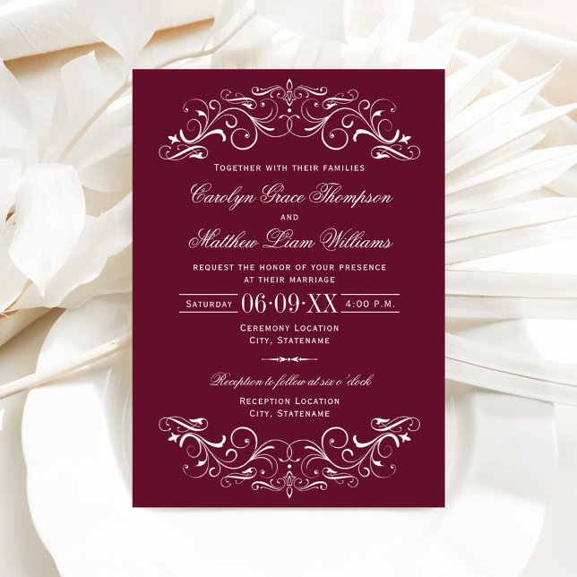 Vintage Maroon and Silver Flourish Wedding Invitation (Creator Uploaded)