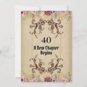 Vintage Maroon Gold Flora Parchment 40th Birthday Invitation