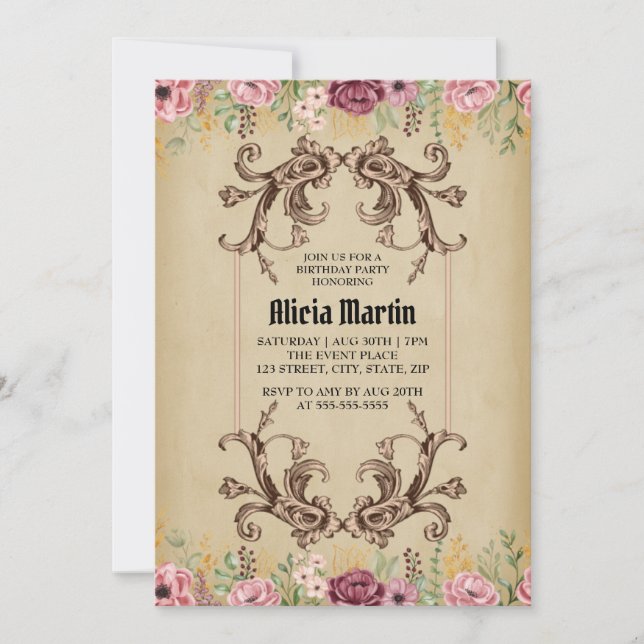 Vintage Maroon Gold Flora Parchment Birthday  Invitation (Front)